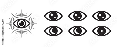 Mysterious eye with radiating lines and multiple other eye icons with different pupils set on gray background.