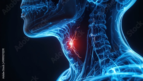 Neck Pain Nerve Illustration, Blue Human Anatomy, Medical Visualization, Red Inflammation, Neural Network, Sci-fi Technology