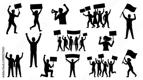 Silhouettes of Protesters with Signs and Flags - Vector Art