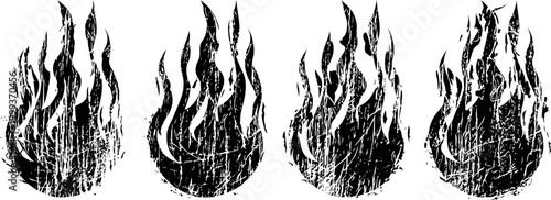 grunge black flames set with distressed texture fire silhouette icons in various shapes and sizes