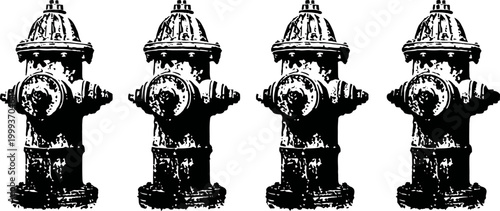 Four black and white fire hydrants in a row on a white background