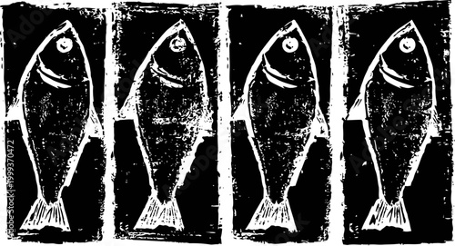 Four stylized fish prints in black and white with textured block design and rustic appearance