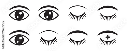 Eight eye icons showing open and closed eyes with plus symbol on transparent gray background.