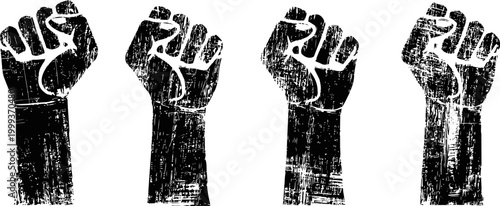 Raised clenched fists silhouette in grunge symbolizing power, resistance, unity, and activism