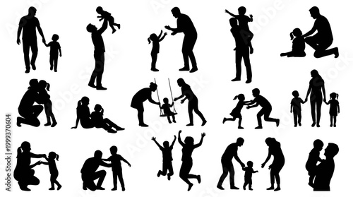 Black Silhouette Family Icons: Parents Playing with Children, Vector Stock