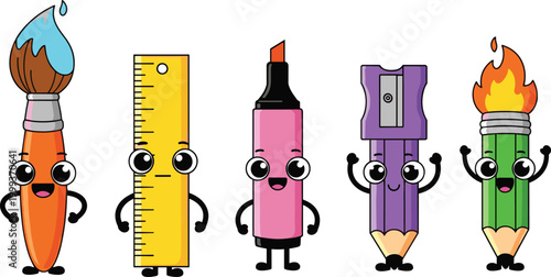Cute Kawaii School Supply Character Set with Paintbrush Ruler Marker Pencil Sharpener and Adorable Animated Stationery Mascot Elements Collection