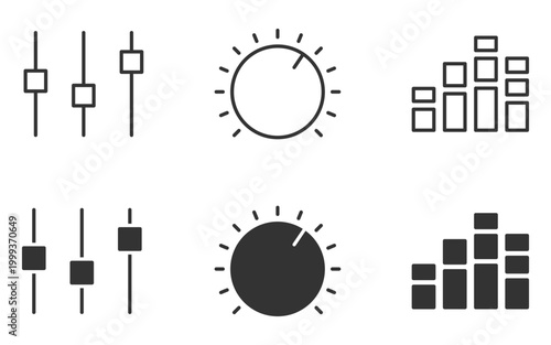 Sound adjustment icons set: sliders, knob, equalizer in minimal design.