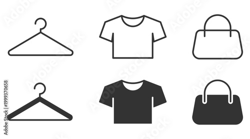 Minimalist icons of hangers, t-shirts, and handbags in black and white design.