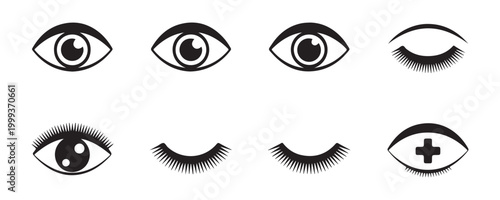 Collection of eye icons in various styles open and closed with eyelashes and medical symbol.
