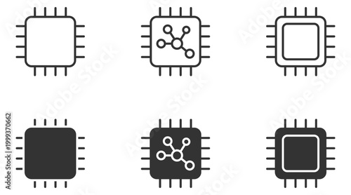 Minimalistic black and white microchip icon set with circuit elements.