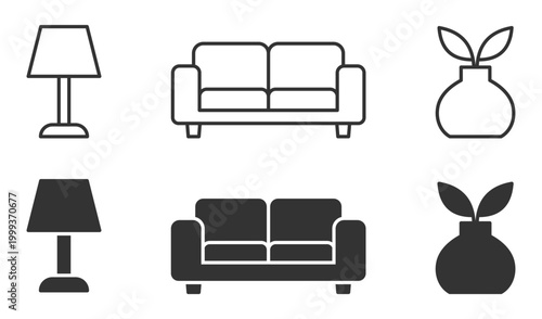 Simple black and white icons: lamp, sofa, vase for home decor.
