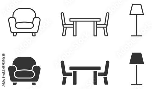 Minimalist furniture icons: armchairs, dining sets, floor lamps in monochrome design.