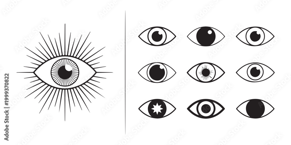 Naklejka premium Mystical eye with radiating lines and multiple diverse eye icons on transparent background.