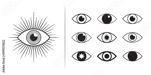 Mystical eye with radiating lines and multiple diverse eye icons on transparent background.