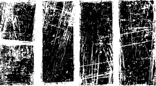 Grunge black and white distressed texture set rough scratched overlay backgrounds with worn vintage aged effect