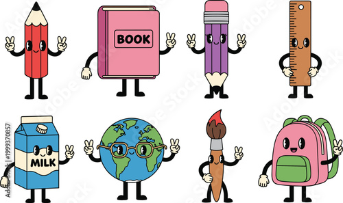 Cute Kawaii Back to School Cartoon Character Set with Pencil Book Ruler Globe Paintbrush Backpack Milk and Adorable Mascot Elements Collection