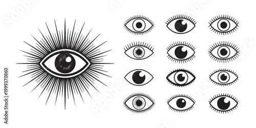 Sacred eye with sunburst and many varied eye symbols and icons on a grey background.