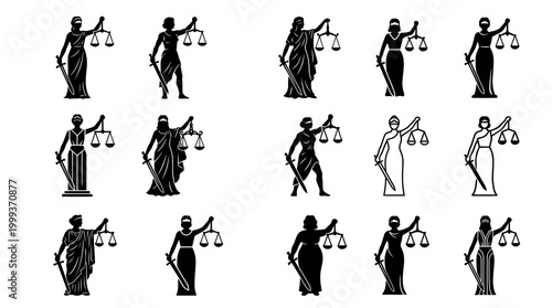 Lady Justice Symbols Icons Set, Black White Silhouette, Law  Justice