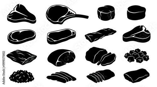 Black and White Vector Icons of Various Meat Cuts and Styles