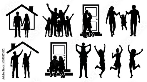 Silhouette of Diverse Families and Houses, Representing Home and Unity
