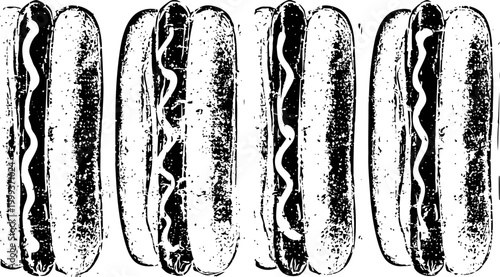Vintage hot dogs illustration four grilled sausages in buns with mustard decoration black and white food concept