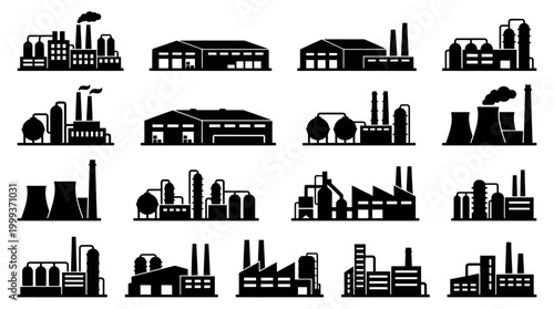 Black and White Factory Icons Vector Set - Industrial Buildings