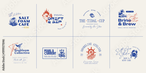 Set of ocean-themed vector logos. Includes stylized waves, marine animals, and coastal elements. Great for branding beach resorts, travel services, or eco-friendly businesses.