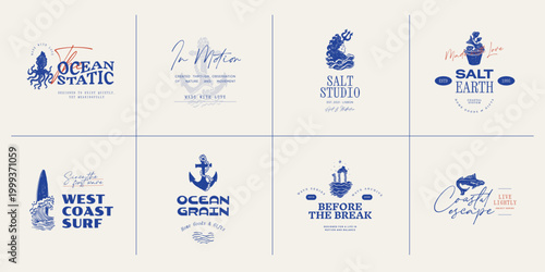 Set of ocean-themed vector logos. Includes stylized waves, marine animals, and coastal elements. Great for branding beach resorts, travel services, or eco-friendly businesses.