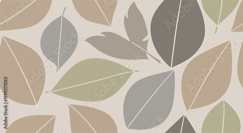 A seamless pattern of various colored leaves on a beige background