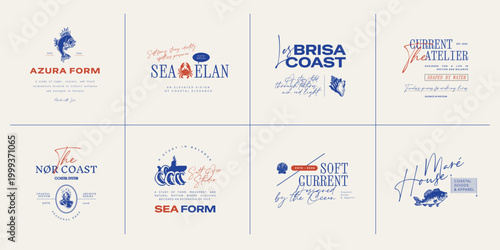 Set of ocean-themed vector logos. Includes stylized waves, marine animals, and coastal elements. Great for branding beach resorts, travel services, or eco-friendly businesses.