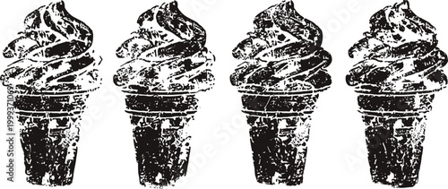 four vanilla soft serve ice cream cones in black and white vintage isolated on white