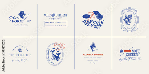 Set of ocean-themed vector logos. Includes stylized waves, marine animals, and coastal elements. Great for branding beach resorts, travel services, or eco-friendly businesses.