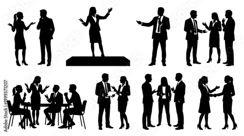 Business People Silhouettes in Meeting and Presentation Scenes