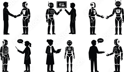 Robots and humans interacting in various ways isolated on white background, Vector