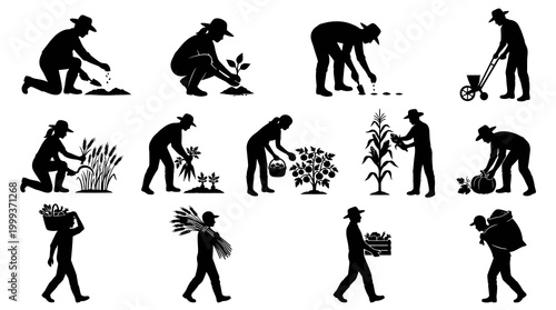Farmers Cultivating Crops, Black and White Silhouettes, Agricultural Icon Set