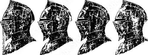 Four medieval knight helmets side view grunge black and white isolated illustration