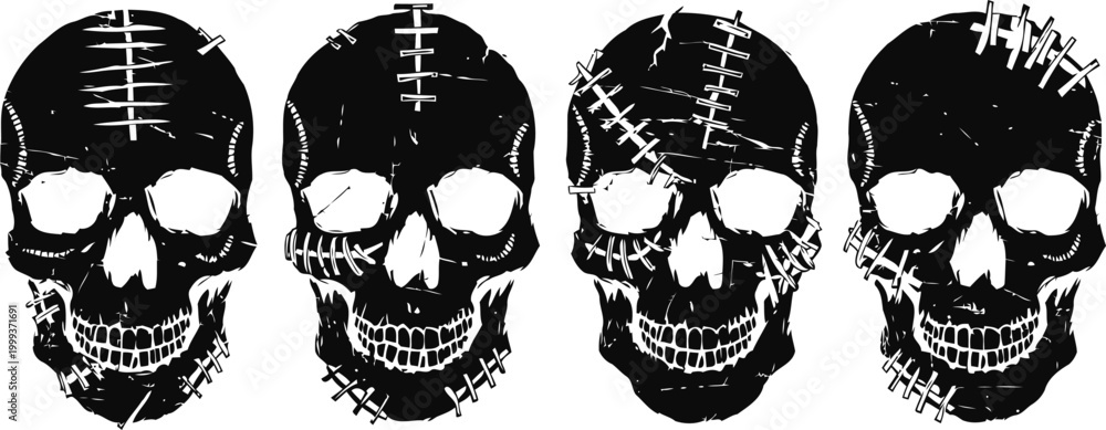 Fototapeta premium Four black skulls with stitched scars and stitches, horror tattoo design elements, spooky halloween concept