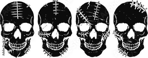 Four black skulls with stitched scars and stitches, horror tattoo design elements, spooky halloween concept