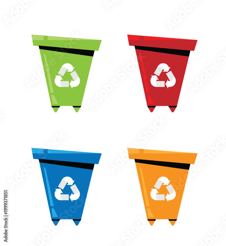 A Funny Cartoon Recycable Trash Bin Different Colors. Sorting garbage and keeping the planet clean vector art