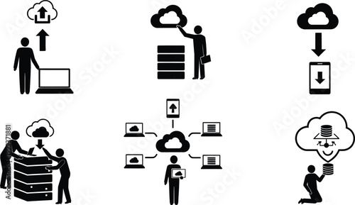 Cloud computing and data storage icons set isolated on white background, Vector
