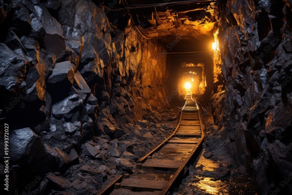 Fototapeta premium Mining carts transporting minerals travel on rails leading towards the illuminated exit of a dark underground tunnel