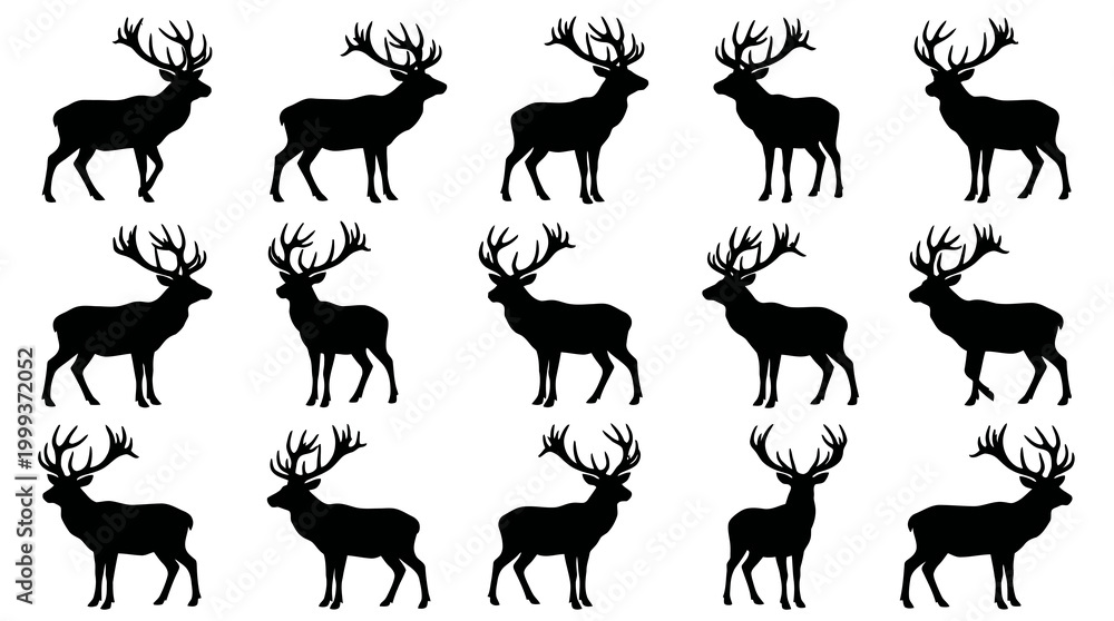 Fototapeta premium Wildlife and Hunting Deer Silhouettes Vector Collection - Nature Stag Design Elements
