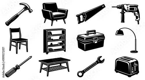DIY Tools, Home Furniture and Household Appliances Black  White Glyph Icons Set
