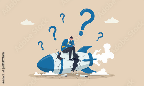 Fail business or unexpected entrepreneur bankruptcy concept, depressed businessman company owner sitting on crash launching space rocket metaphor new business failure