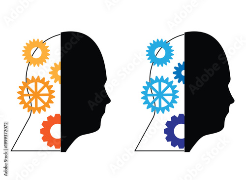 Robot Man Head with Gear Cogwheels. People and technology, smart thinking vector art