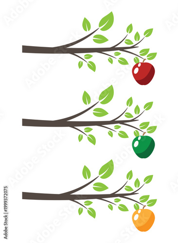 Ripe Apple on a Tree Branch with Leaves Flat Style. Agriculture, growing fruit and eco farming vector art