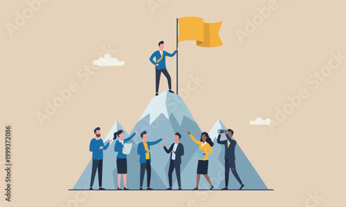 Business teams together segment, exploration concept, confidence businessman holding winner flag on top of mountain peak