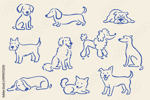 Dog breeds set naive blue sketch vector illustration