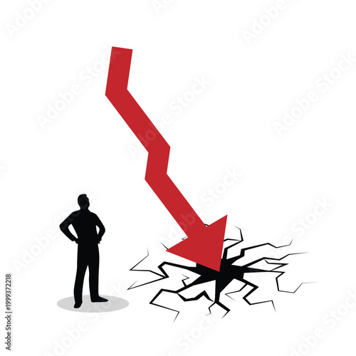 Silhouette of a Man Watching Sales Arrow Falling. Business and trading stocks issue vector art