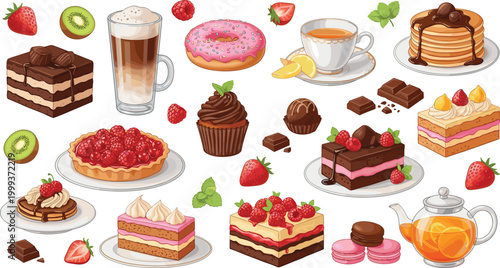 Colorful Sweet Dessert Collection Vector Set with Cakes Pastry Coffee and Tea on White Background